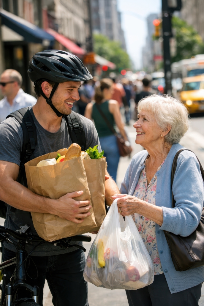 Cyclist Delivering Groceries to Senior Citizen.